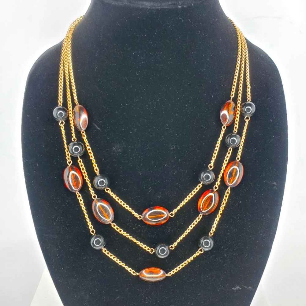 Layered 3 Strand Draped Gold Tone Black Brown Large Beads Statement Necklace 22"